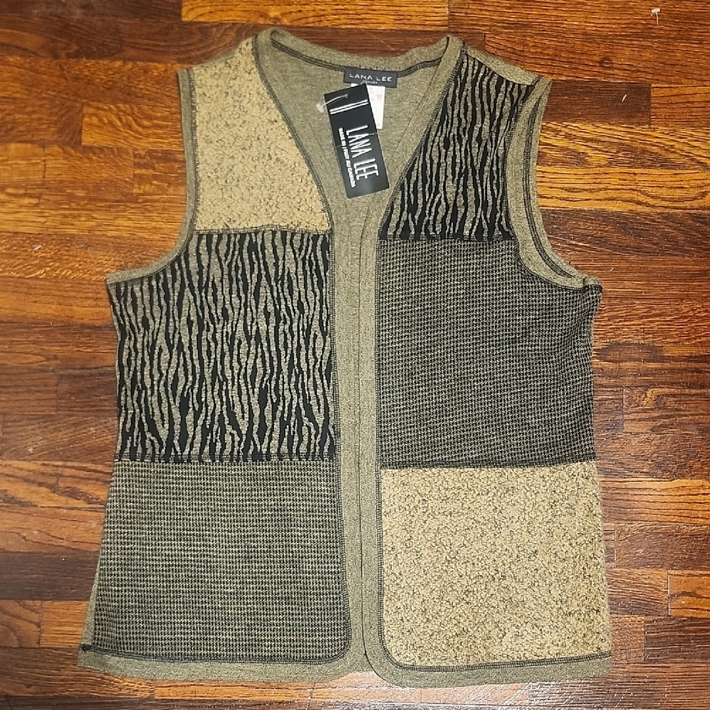 NWT Lana Lee Women's Patchwork Animal Print Neutral Patterned Vest Black and Tan